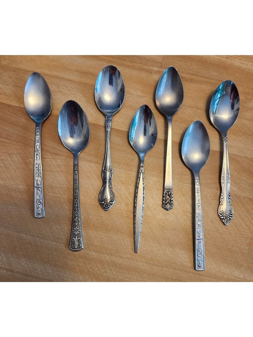 7- Mismatched Stainless Steel Teaspoons Floral Handles Various Designs
